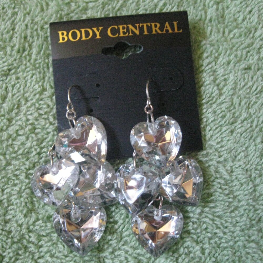 VINTAGE Y2K BODY CENTRAL Triple Heart Clear Crystal Silver Earrings Valentine's